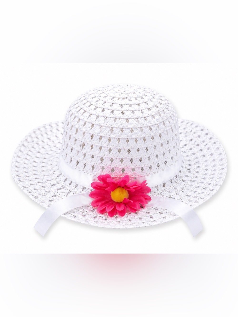 Little Girls White Sun Hat w/ Pink Flower | Lightweight Summer Beach Hat